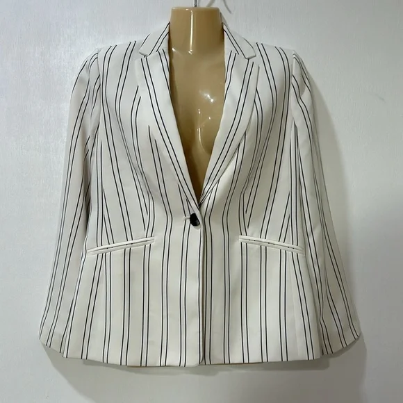 TALBOT WOMENS BLAZER JACKET COAT STRIPE WHITE BLACK SIZE 2P - Picture 1 of 12
